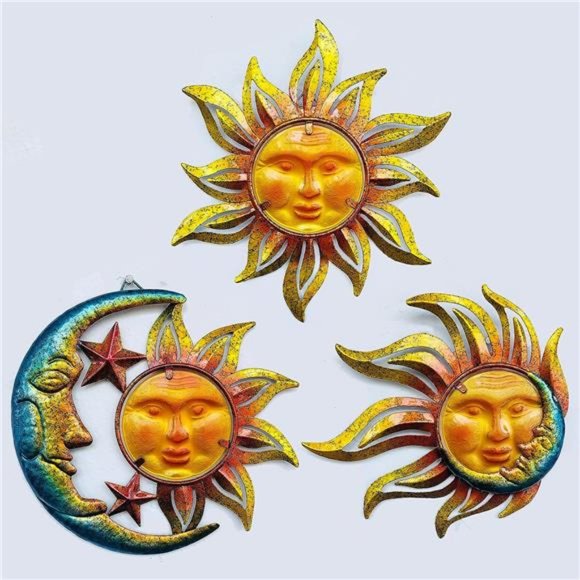 Sun Face Metal Wall Art Decor Outdoor Indoor, Sun Moon Star,Metal &Glass Hanging